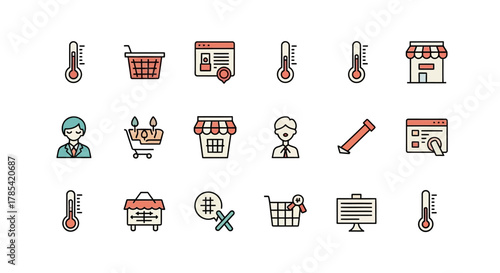 A collection of colorful, flat-style icons featuring various objects, including thermometers, shopping carts, storefronts, human figures, and website elements, arranged in a grid-like layout