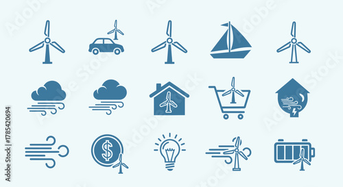 A series of teal-colored icons against a light background, related to wind energy. Depicted are wind turbines, a car, clouds, house, cart, boat, a lightbulb, a dollar sign, a battery