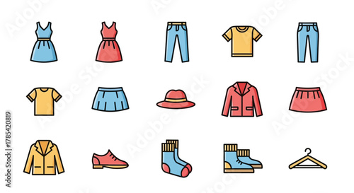 Colorful cartoon illustrations of clothing items including dresses, shirts, pants, skirts, a hat, jacket, shoes, socks, boots, and a hanger. Flat design