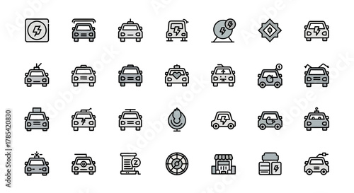 A grid of stylized icons featuring cars and electric symbols. Various vehicle representations, charging stations, and energy-related graphics create a cohesive theme, set against a white background