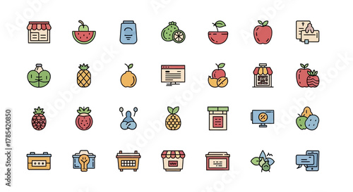 A colorful, minimalist illustration features a grid of icons depicting various items, including fruits, vegetables, store fronts, and digital devices, all with simple outlines and flat color fills