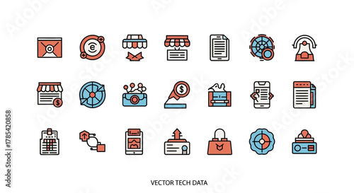 A collection of 20 brightly colored, stylized vector icons representing various tech, business, and finance concepts.  Each icon is outlined in black, with a simple, modern design