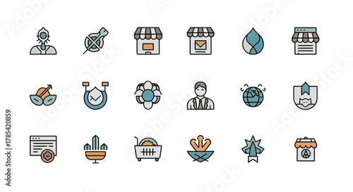 A collection of 18 colorful vector icons with various stylized illustrations including people, nature, and commerce. Icons have an outlined, minimalist design