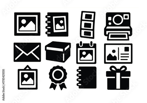 Stylized icons: camera, envelope, calendar, box, presentation elements