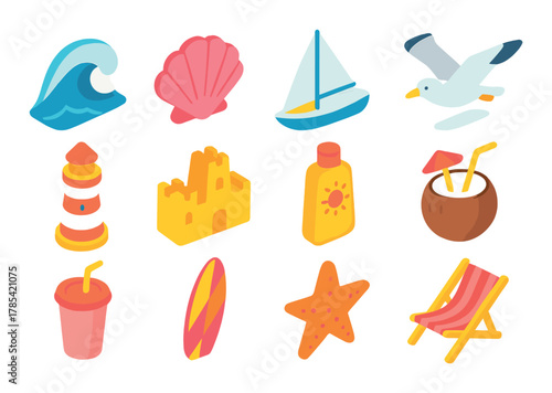 Colorful beach icons: wave, sailboat, seagull, shell, sandcastle, coconut, lighthouse