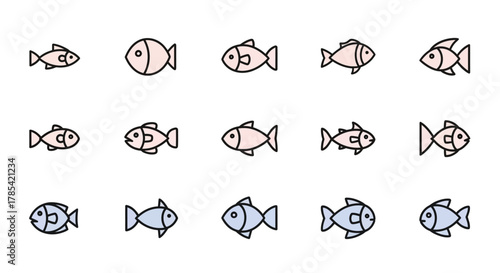 A collection of stylized fish illustrations, arranged in three rows. The fish have simple shapes, with black outlines and varying shades of pink and blue. They face different directions