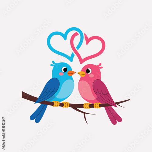 Two cute cartoon birds blue and pink sitting on a branch with intertwined hearts above love romance vector illustration.