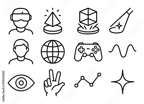 Virtual reality icons: gaming, technology, and futuristic symbols on dark background