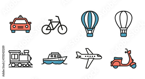 A set of simple, colorful icons depicting diverse transportation modes, including car, bicycle, hot air balloons, train, boat, plane, and scooter. Each with outlines and solid fill