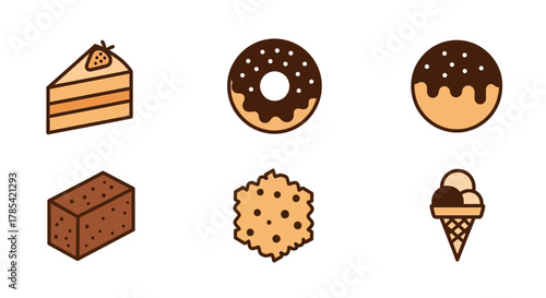 A collection of sweet treats depicted as simple, cartoon-style illustrations against a white background. These include cake, donut, pastry, brownie, cookie, and ice cream cone