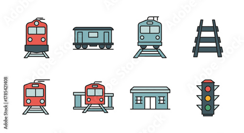 A collection of simple, colorful train-related illustrations. Features various train cars, tracks, a station, and a traffic light. Each object is outlined with color