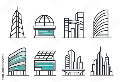 Futuristic building icons with neon accents on dark background