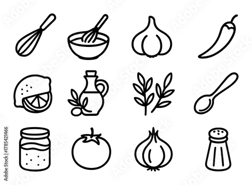 Minimalist cooking icons: garlic, lemon, kitchen utensils, and spices