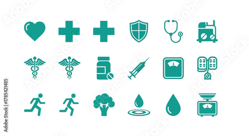 A collection of teal medical icons including a heart, crosses, shields, running figures, drops, and other health related symbols on a white background