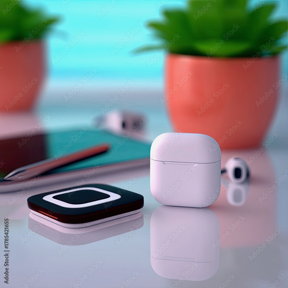A clean desk surface displays a white wireless earbud case, a stylus on a tablet, and two potted plants in the background.