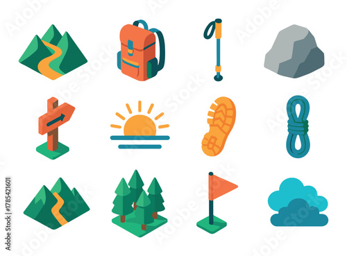 Colorful hiking icons: backpack, compass, mountain, sunrise, forest