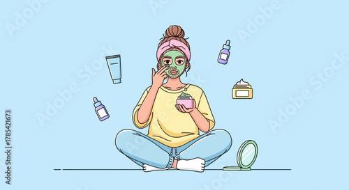 Woman Applying Face Mask in a Relaxed Setting.