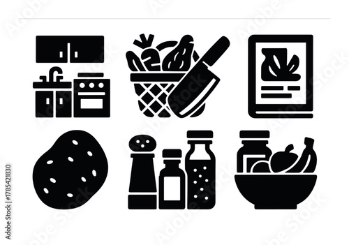 Kitchen icons: cooking tools, vegetables, pantry items, recipe book