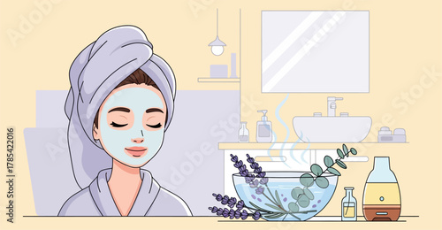 Woman with face mask and towel on head in bathroom.