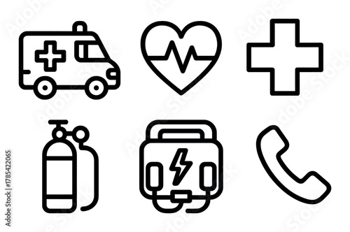 Medical emergency icons: ambulance heart cross oxygen defibrillator phone