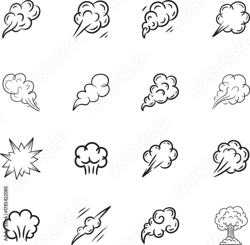 Smoke Cloud doodle line art collection. Includes line art symbols smoke, wind, puff, steam, dust and more. Isolated doodles. Smoke doodle set.