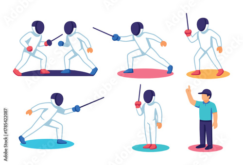 Digital art of fencing athletes and coach in neon style