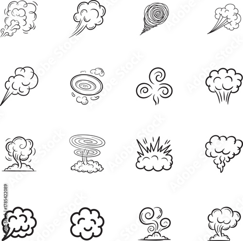 Smoke Cloud doodle line art collection. Includes line art symbols smoke, wind, puff, steam, dust and more. Isolated doodles. Smoke doodle set. Minimalist doodles pack.
