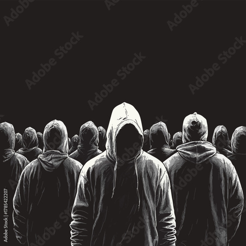 Monochrome Crowd Back View with Hoodies, anonymity , unity   , vector style simple color