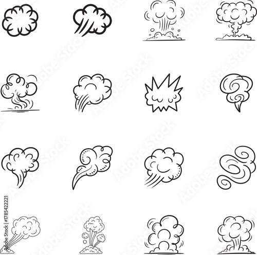 Smoke Cloud doodle line art collection. Includes line art symbols smoke, wind, puff, steam, dust and more. Smoke doodle set. Minimalist doodles pack.