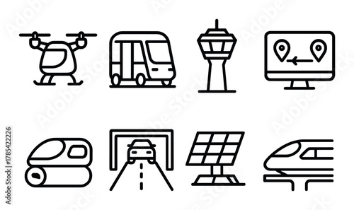 Smart mobility and transportation icons: drone, bus, control tower, gps, train, charging, solar, high-speed