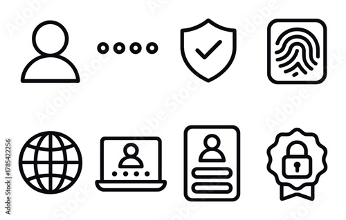 Digital security icons set with password, shield, fingerprint, and lock symbols on metallic background