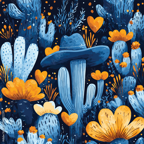 Vibrant Blue Hat Symphony Lush Desert Floral Fiesta with Gold Accents, Surreal Cactus Blooms, and Painted Hearts in Cheerful Celebration   , vector style simple color