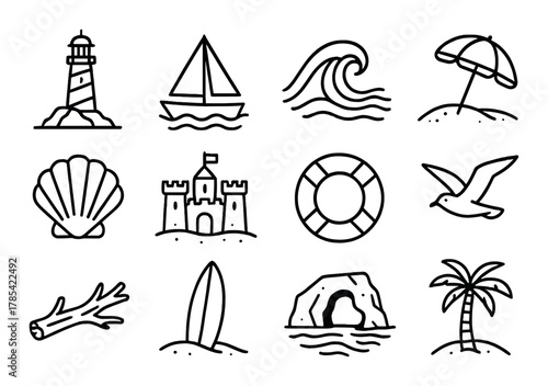 Beach icons set: lighthouse, sailboat, wave, umbrella, seashell, sandcastle, lifebuoy, seagull, driftwood, surfboard, cave, palm tree