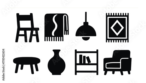 Silhouette icons of modern home furniture and decor items
