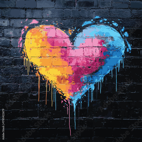 Colorful Heart Graffiti Mural on Black Wall, urban art, street art ,graffiti   , vector style simple color