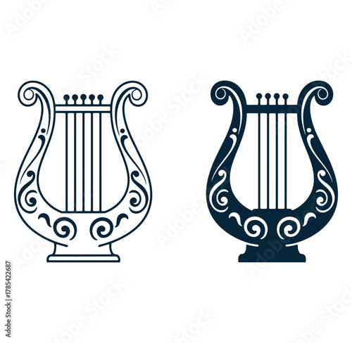 Elegant silhouette illustrations of a classical lyre instrument for music and design