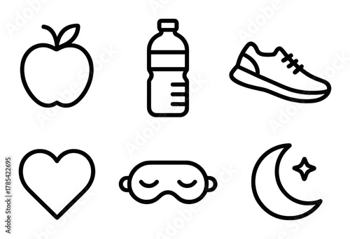 Icons of healthy lifestyle: apple, water bottle, shoe, heart, sleep mask, moon