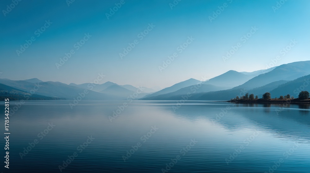 Fototapeta premium Vast Lake with Calm Water and Distant Hazy Mountains