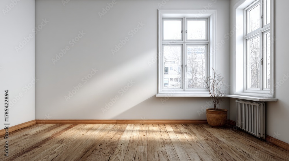 Obraz premium Sunlit empty room with wood floor and large windows.