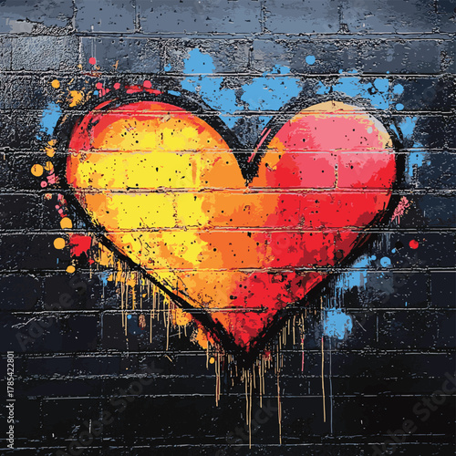 Colorful Heart Graffiti Mural on Black Wall, urban art, street art ,graffiti   , vector style simple color
