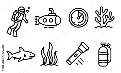 Scuba diving adventure icons: diver, submarine, underwater clock, coral, shark, seaweed, flashlight, oxygen tank