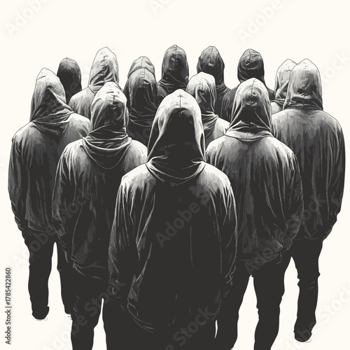 Monochrome Crowd Back View with Hoodies, anonymity , unity   , vector style simple color
