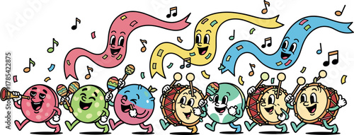 Happy cartoon musical instruments dancing and singing together