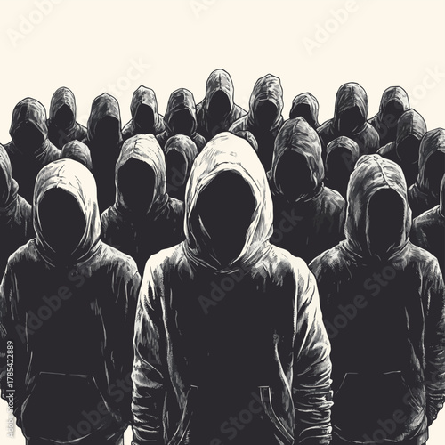 Monochrome Crowd Back View with Hoodies, anonymity , unity   , vector style simple color