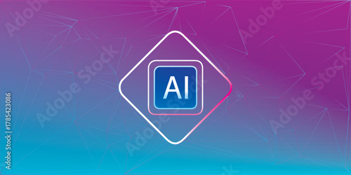 Modern AI symbol in a blue square framed by a glowing neon diamond.