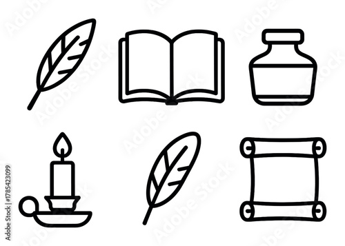 Vintage writing tools: quill, ink, book, candle, scroll icons on brown background