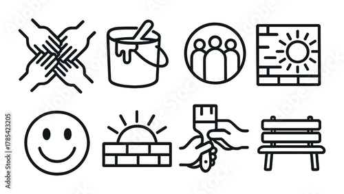 Community icons: unity, painting, group, construction, smile, sunrise, painting hands, bench