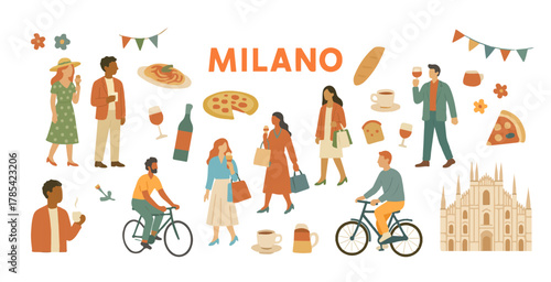A vector illustration set featuring a traveler in Milan, pizza, wine, and other small items.