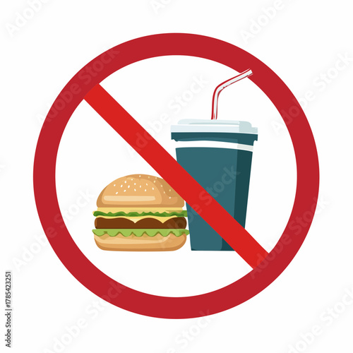 Prohibition symbol with food and drink inside a red circle and slash, conveying a clear “no consumption” message. Suitable for restaurants, or any restricted area where food and drinks are forbidden.
