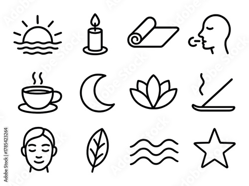 Wellness icons: meditation, yoga, relaxation, nature, calm